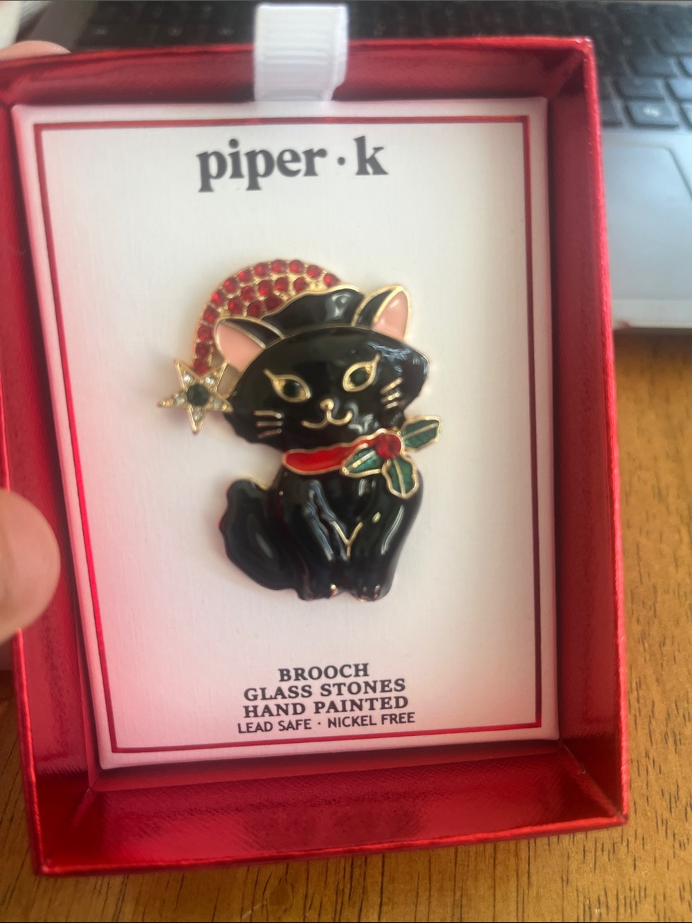 Piper Black Cat Brooch with Red and Green Accents